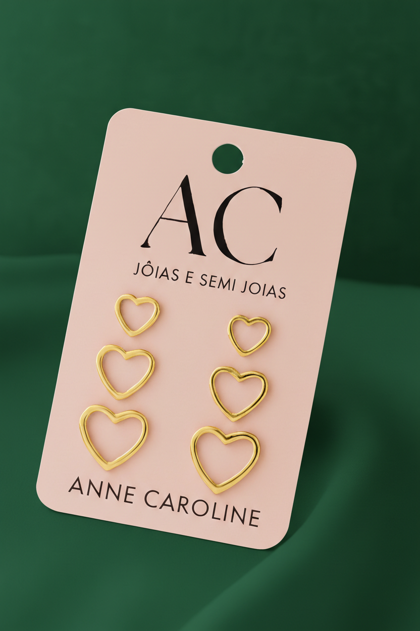 💛✨Brinco Trio de Coração Vazado em Ouro 18k